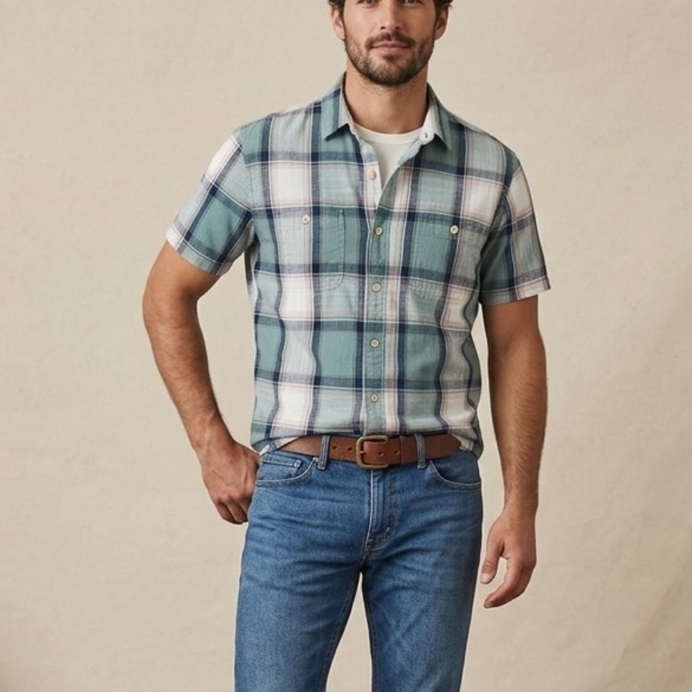 Lucky Brand Mens Green Plaid Short Sleeve Button Down Shirt